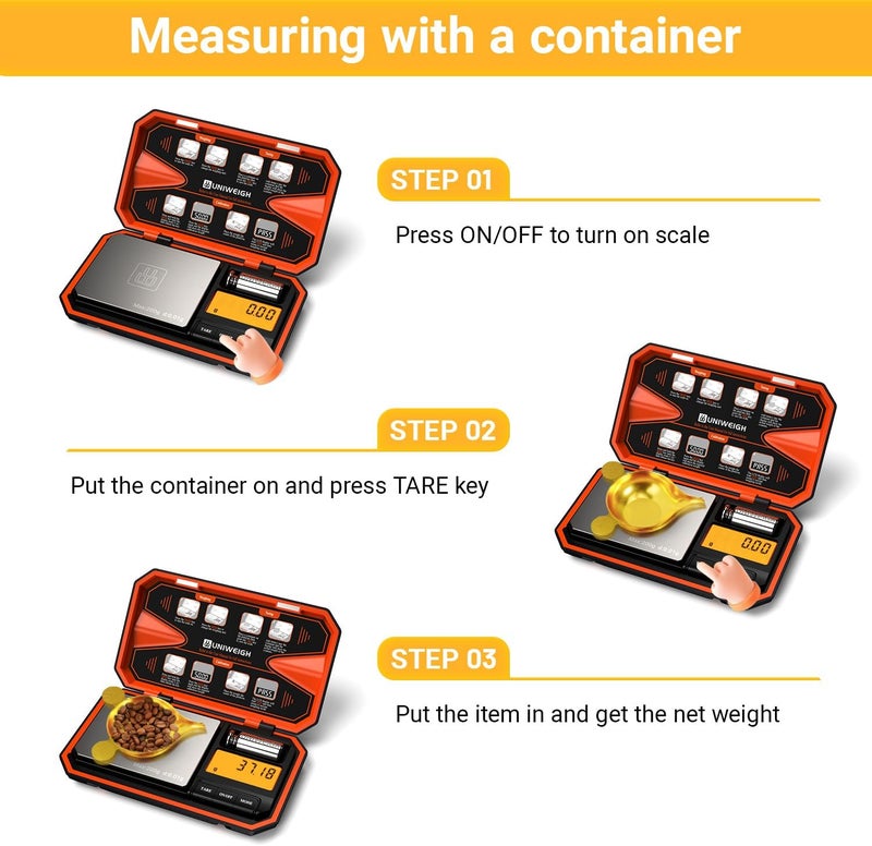 UNIWEIGH Digital Pocket Scale 200g/0.01g, Digital Scale Grams,6 Units Conversion Jewelry Scales,Coins Scale with LCD Display,Tare Function for Food,Powder,Small Items(Battery Included)-Orange - Image 4